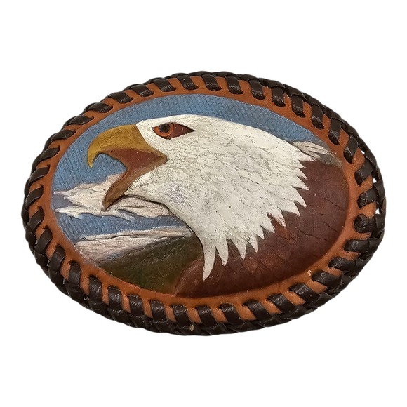 Vintage Ed Fielder Handpainted Bald Eagle Belt Buckle Leather Handcrafted‎ - Picture 1 of 9